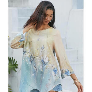 Floral Print Tunic Top - 2XL Women's Blouse Chiffon Basic Abstract Print